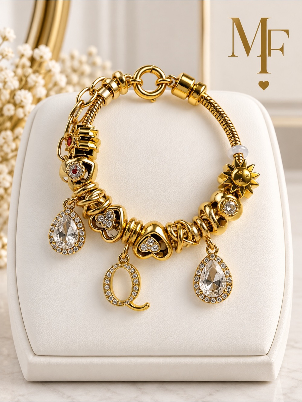 Gold Charm Bracelet with Crystal Teardrops